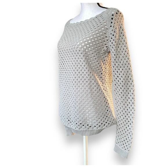 Loft Open Knit Pullover Sweater Sz S Gray Long Sleeve Scallop Neckline - Picture 4 of 10